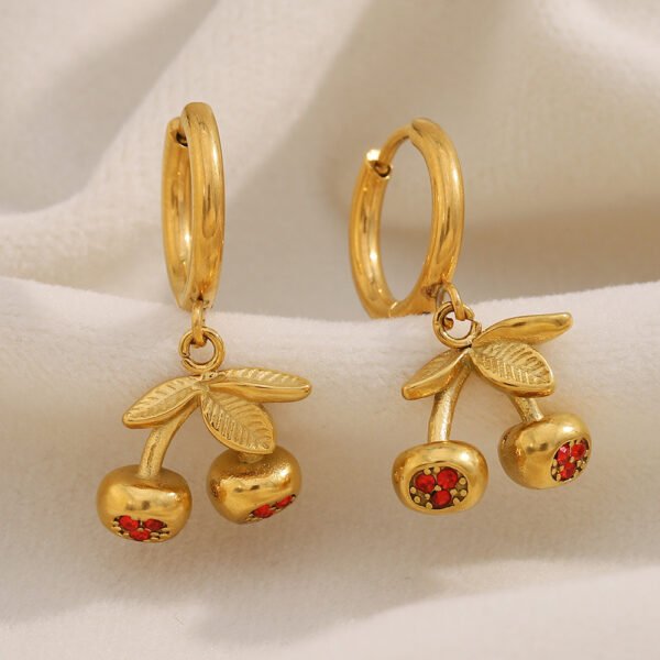 Gold Cherry Hoop Earrings - 图片 2