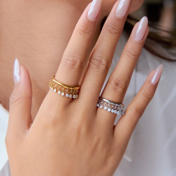 Round Zirconia Tassel Stainless Steel Ring - 图片 3