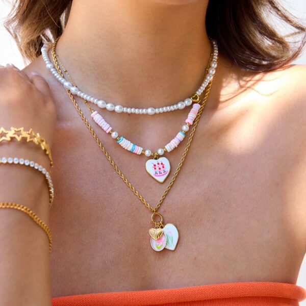 Pink Bead Heart Pendant Necklace - 图片 3