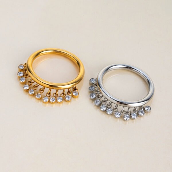 Round Zirconia Tassel Stainless Steel Ring - 图片 4
